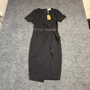 Aisize Womens Black Short Sleeve Sheath Wrap Dress Satin Waist A70002 Size S NWT